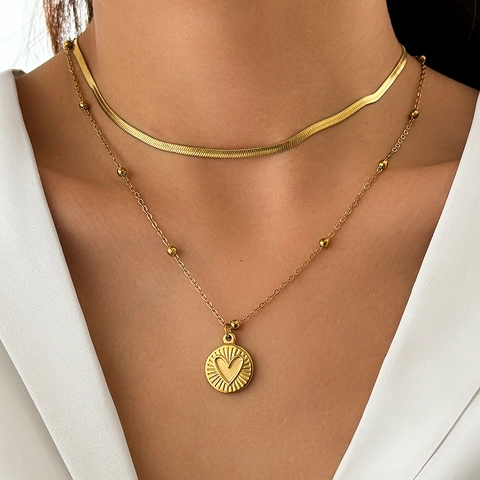 Double Layer Stainless Steel Necklace Heart Round Pendant Snake Bone Bead Chain Minimalist Chic Jewelry For Women