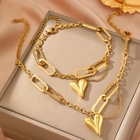 Collana E Bracciale Con Ciondolo A Cuore In Acciaio Inossidabile Catena A Graffetta Minimalista Gioielli Da Donna