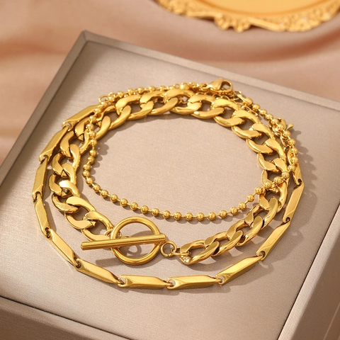 Bracelets À Maillons Cubains Perles Et Géométriques En Acier Inoxydable Multi-Rangs Fermoir Toggle Style Punk Hip Hop Pour Femmes