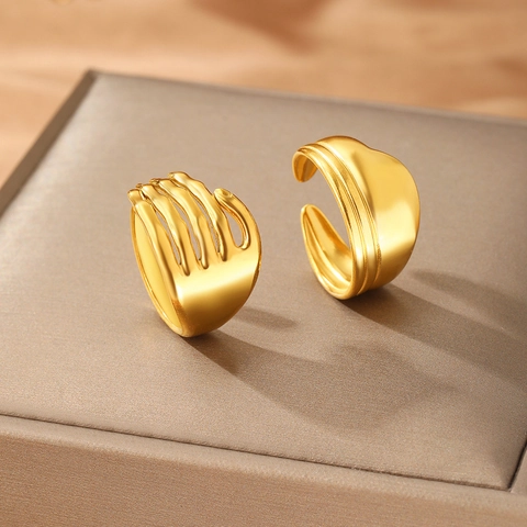 Stainless Steel Open Adjustable Rings 18K Gold Plated Irregular Wide Skeleton Bone Hand Gothic Punk Style For Women Men
