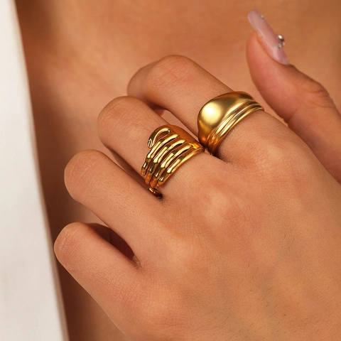 Stainless Steel Open Adjustable Rings 18K Gold Plated Irregular Wide Skeleton Bone Hand Gothic Punk Style For Women Men
