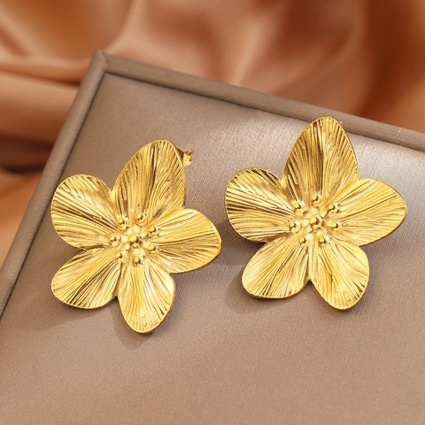 Große Blumen Ohrstecker Edelstahl 18K Vergoldet Hammerschlag Textur Geometrischer Floral Statement Schmuck Für Damen