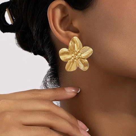 Große Blumen Ohrstecker Edelstahl 18K Vergoldet Hammerschlag Textur Geometrischer Floral Statement Schmuck Für Damen