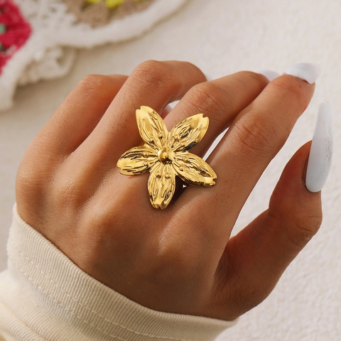 Bague Fleur en Acier Inoxydable Style Ins Rétro Français Ajustable Grande Fleur de Cerisier Bague Ouverte Femme Bijoux