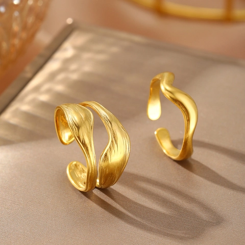 Stainless Steel Ripple Rings For Women Minimalist Textured Wave Adjustable Open Finger Ring Modern Jewelry