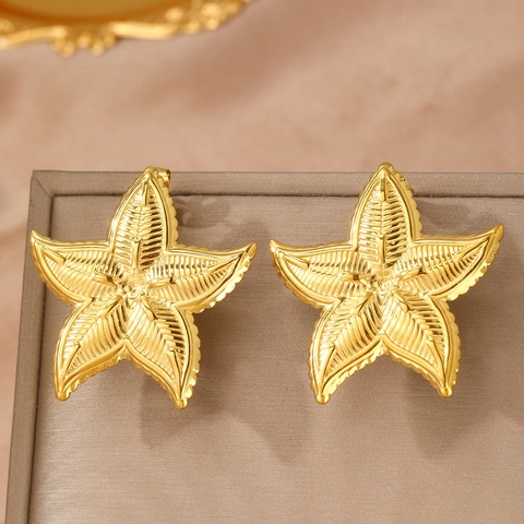 Stainless Steel Starfish Stud Earrings Realistic Radial Texture Ocean Beach Style Minimalist Statement Jewelry For Women