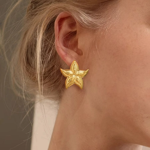 Stainless Steel Starfish Stud Earrings Realistic Radial Texture Ocean Beach Style Minimalist Statement Jewelry For Women