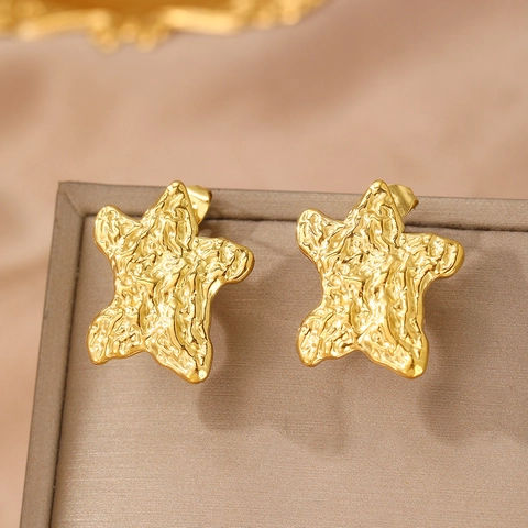 Hammered Star Stud Earrings Stainless Steel Textured Crinkled Minimalist Starfish Shape Jewelry For Women Gold Silver Tone