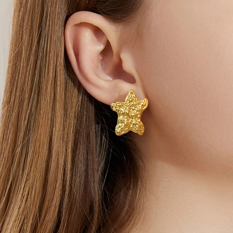 Gehamerde Ster Oorknopjes Roestvrij Staal Getextureerde Minimalistische Zeester Vorm Sieraden Voor Vrouwen Goud Zilver Kleur