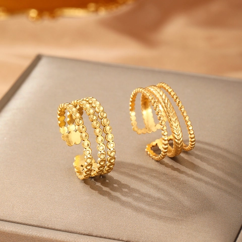 Stainless Steel Multi Layer Line Ring Geometric Beaded Wheat Pattern Adjustable Opening Fashion Jewelry For Women
