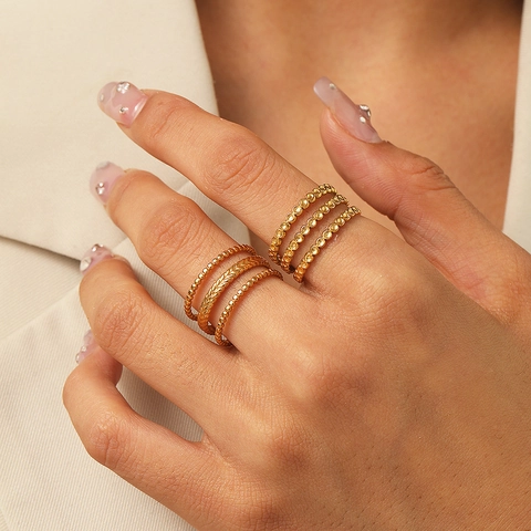 Stainless Steel Multi Layer Line Ring Geometric Beaded Wheat Pattern Adjustable Opening Fashion Jewelry For Women
