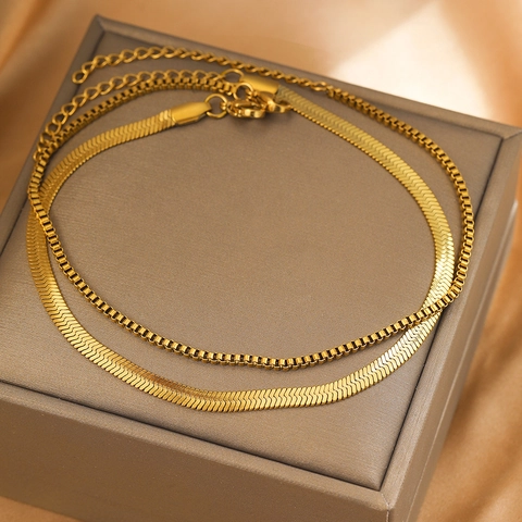 Double Layer Anklet Stainless Steel Herringbone And Box Chain Minimalist Summer Beach Foot Jewelry For Women Non-Fading