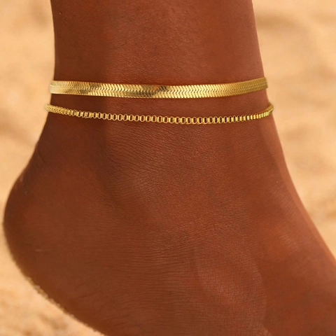 Double Layer Anklet Stainless Steel Herringbone And Box Chain Minimalist Summer Beach Foot Jewelry For Women Non-Fading