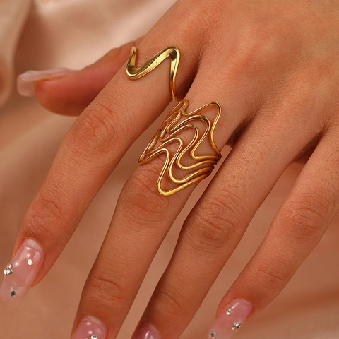 Minimalist Wavy Rings Stainless Steel Irregular Geometric Adjustable Open Design Hollow Fashion Jewelry Accessory