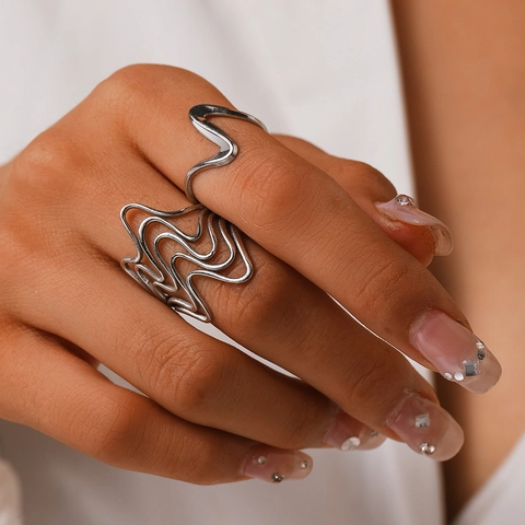Minimalist Wavy Rings Stainless Steel Irregular Geometric Adjustable Open Design Hollow Fashion Jewelry Accessory