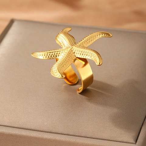 Starfish Ring Stainless Steel Adjustable Open Band Ocean Beach Vacation Bold Textured Statement Jewelry For Women