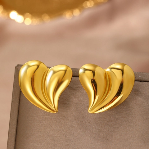 Heart Stud Earrings Stainless Steel 18K Gold Plated 3D Wavy Texture Chunky Statement Jewelry For Women