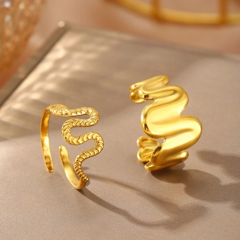 Stainless Steel Rings Irregular Wave And Snake Textured Open Adjustable Gold Plated Minimalist Aesthetic Jewelry For Women Men