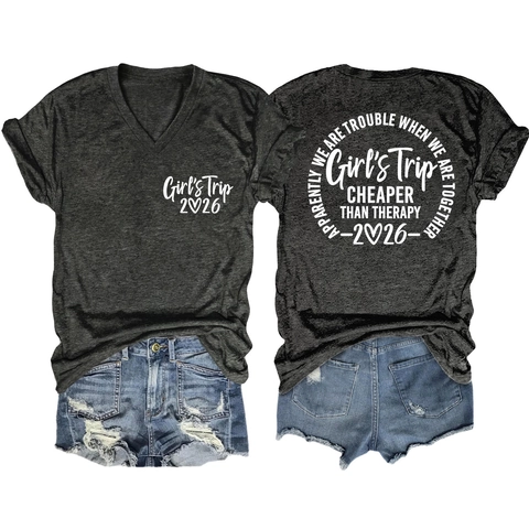 Maglietta a Maniche Corte con Scollo a V Casual da Donna Con Stampa Girl's Trip 2026 In Misto Cotone Estate Top Streetwear Largo