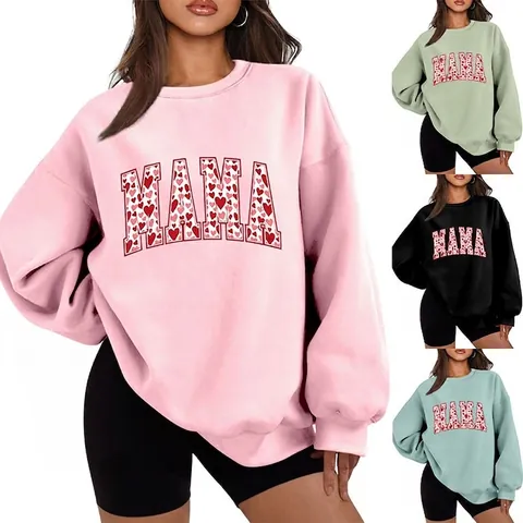 Sweatshirt Femme Mama Imprimé Lettres Cœur Col Rond Manches Longues Surdimensionné Décontracté Mélange Coton Polyester Doublé Polaire