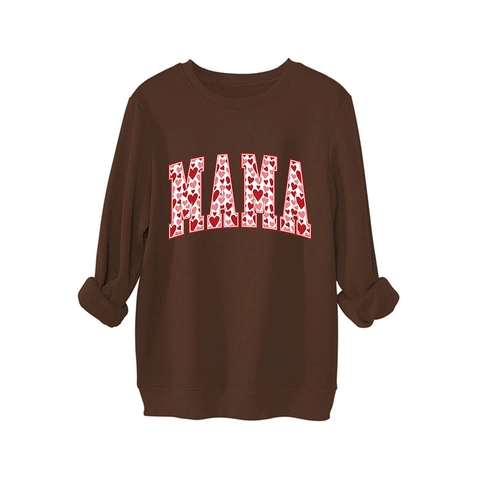 Sweatshirt Femme Mama Imprimé Lettres Cœur Col Rond Manches Longues Surdimensionné Décontracté Mélange Coton Polyester Doublé Polaire