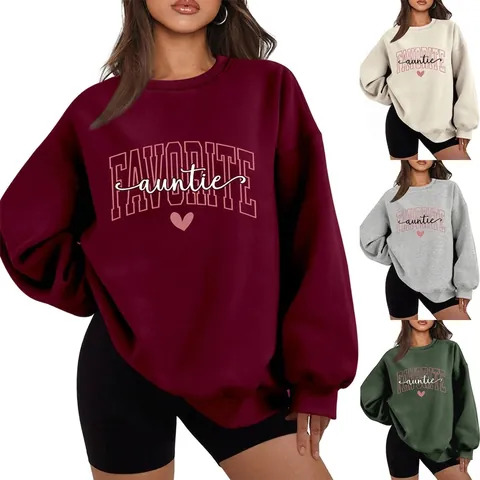 Damen Sweatshirt Rundhals Baumwollmischung Langarm Übergroß Herz Favorite Auntie Buchstabendruck Lässig Warm Pullover