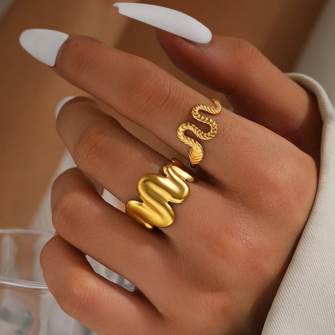 Stainless Steel Rings Irregular Wave And Snake Textured Open Adjustable Gold Plated Minimalist Aesthetic Jewelry For Women Men