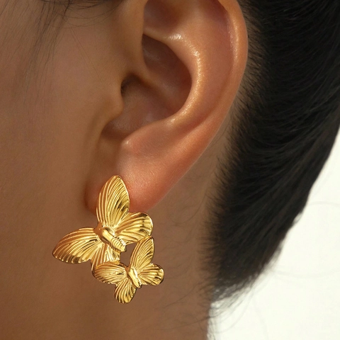 Edelstahl Doppelte Schmetterling Ohrstecker Elegante Strukturierte Flügel Schmuck Für Damen Light Luxury Stil