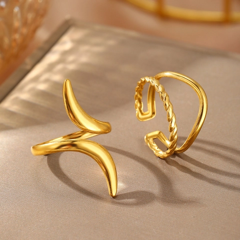 Open Ring 18K Verguld Roestvrij Staal Verstelbaar Minimalistisch Geometrisch Gedraaid Touw Gebogen Hoorn Ontwerp Voor Vrouwen