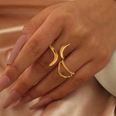 Open Ring 18K Verguld Roestvrij Staal Verstelbaar Minimalistisch Geometrisch Gedraaid Touw Gebogen Hoorn Ontwerp Voor Vrouwen