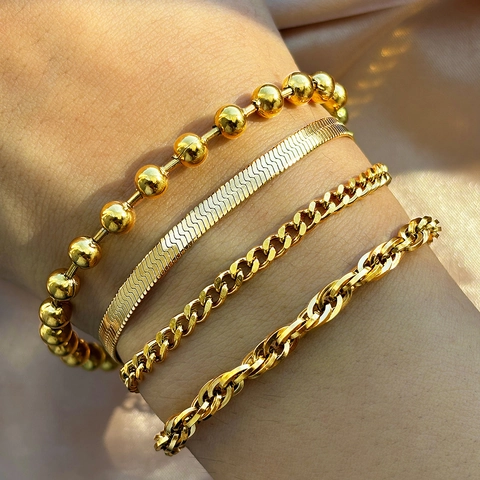Multi Layer Kette Armband Edelstahl Vintage Schlange Curb Perle Twist Seil Schmuck Für Frauen
