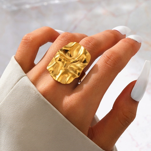 Statement Ring Irregular Wrinkle Stainless Steel 18K Gold Plated Liquid Metal Wave Adjustable Open Ring For Women
