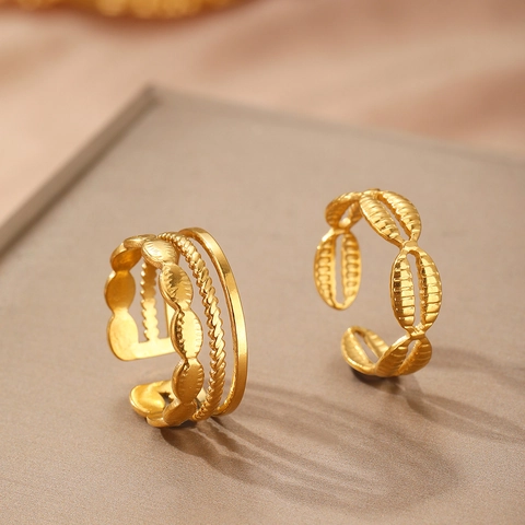 Adjustable Open Rings Stainless Steel Geometric Oval Shell Texture Stackable Bohemian Jewelry For Women
