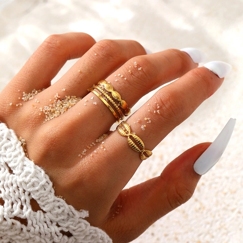 Adjustable Open Rings Stainless Steel Geometric Oval Shell Texture Stackable Bohemian Jewelry For Women