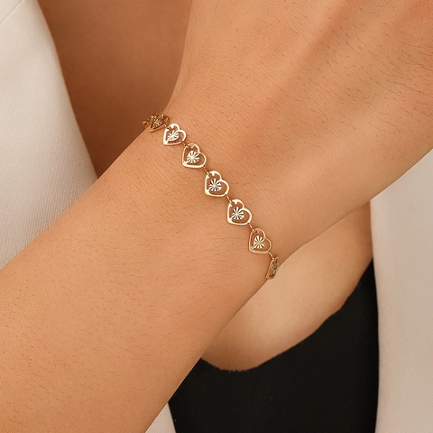 Hollow Heart Bracelet Stainless Steel 18K Gold Plated Sunburst Texture Adjustable Chain Fashion Jewelry For Women