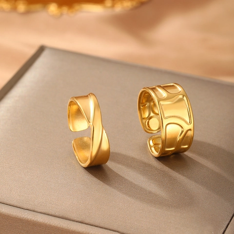 Stainless Steel Rings For Women Open Adjustable Irregular Geometric Texture And Twisted Design Stackable Retro Fashion