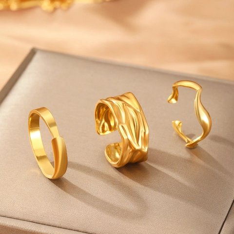 Irregular Wrinkled Wide Surface Geometric Stainless Steel Finger Rings For Women Men Minimalist Open Adjustable Style