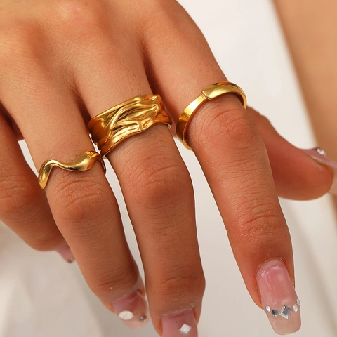 Irregular Wrinkled Wide Surface Geometric Stainless Steel Finger Rings For Women Men Minimalist Open Adjustable Style