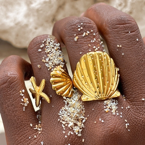 Starfish Shell Rings Stainless Steel Adjustable Open Finger Band Beach Ocean Vacation Jewelry Gift Women