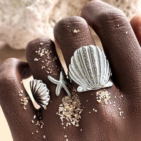 Starfish Shell Rings Stainless Steel Adjustable Open Finger Band Beach Ocean Vacation Jewelry Gift Women