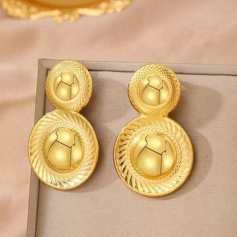 Vintage Stainless Steel Geometric Double Circle Drop Earrings For Women Textured Gold Silver Plated Statement Jewelry Accessory