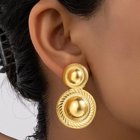 Vintage Stainless Steel Geometric Double Circle Drop Earrings For Women Textured Gold Silver Plated Statement Jewelry Accessory