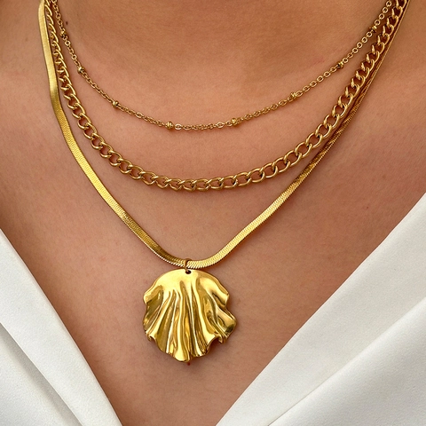 Mehrlagige Anhänger Halskette Edelstahl Geometrische Muschel Anhänger Schlangenperlen Gliederkette Mode Damen