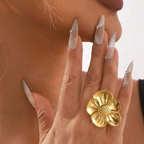 Flower Shaped Statement Ring Stainless Steel Gold Plated Adjustable Open Ring Elegant Sunflower Jewelry For Women