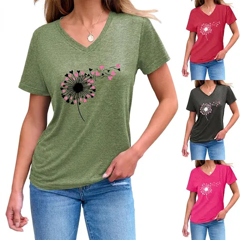 Women V Neck Short Sleeve T Shirt Heart Dandelion Print Casual Loose Summer Top Cotton Blend
