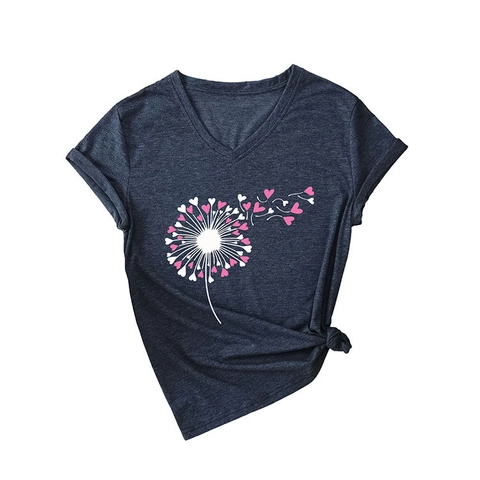 Women V Neck Short Sleeve T Shirt Heart Dandelion Print Casual Loose Summer Top Cotton Blend