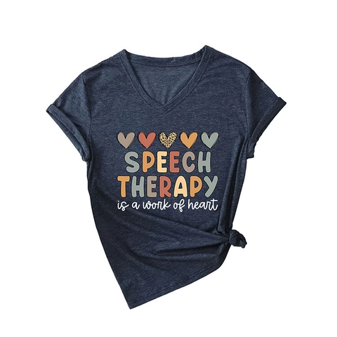 Women V-Neck Short Sleeve T-Shirt Cotton Blend Speech Therapy Heart Print Casual Loose Top Side Knot Fashion