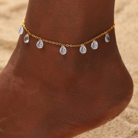 Water Drop Zircon Tassel Anklet For Women Stainless Steel Foot Jewelry Adjustable Beach Summer Style