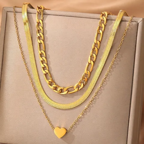 Stainless Steel Mehrlagige Halskette Gold Silber Ton Gestapelte Figaro Schlangenkette Mit Herzanhänger Minimalistischer Schmuck Für Damen