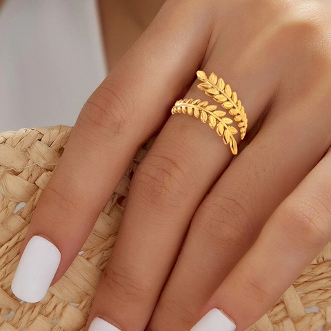 Blatt Öffnungsring Edelstahl Verstellbar Weizenähre Boho Stil Schmuck Für Damen